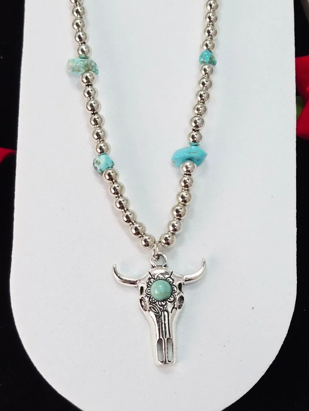 Western Steer Skull Necklace Turquoise Chip Beaded Chain Bull Head Festival Glam